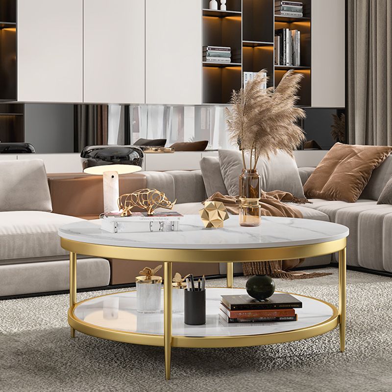 17.7" H Glam Round Slate Coffee Table Metal 4 Legs Cocktail Table with Shelf