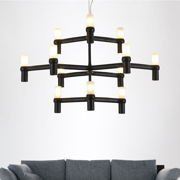 Black/White Crown Hanging Chandelier Light Modern 12 Lights Metallic Hanging Lamp with Frosted Glass Cylinder Shade