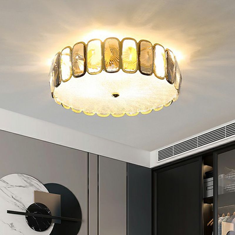 Postmodern Drum Ceiling Flush Light Fixture Smoky and Amber Crystal Living Room LED Flush Mount in Brass