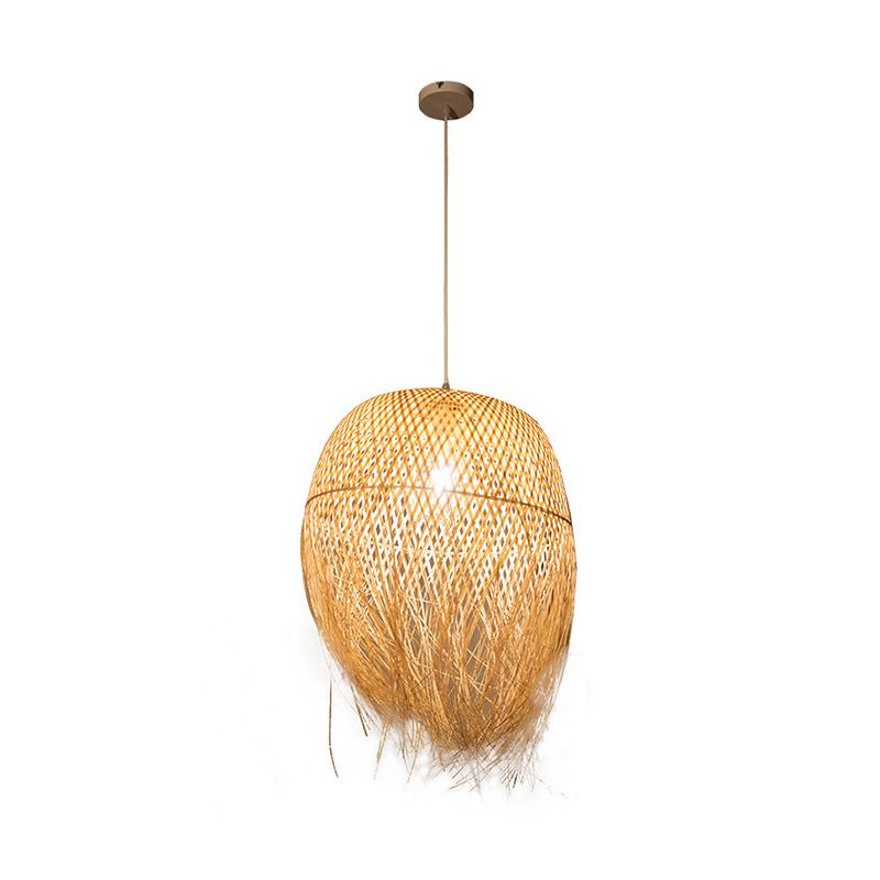 Bamboo Fringed Bell Ceiling Light Asian Style 1 Bulb Wood Hanging Lighting Fixture