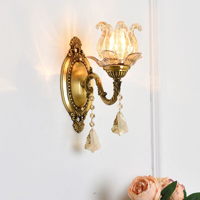 Clear Glass Flower Wall Mounted Light Modern 1/2 Heads Brass Sconce Light with Crystal Drop