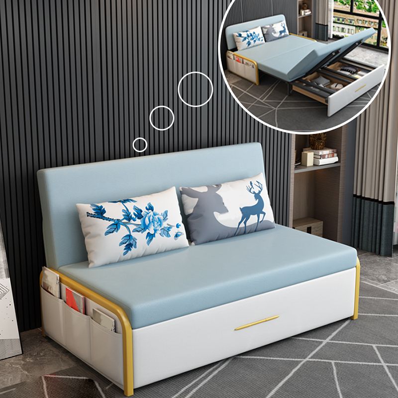 Glam Round Arms Futon Frame Bonded Leather Blue Sleeper Sofa