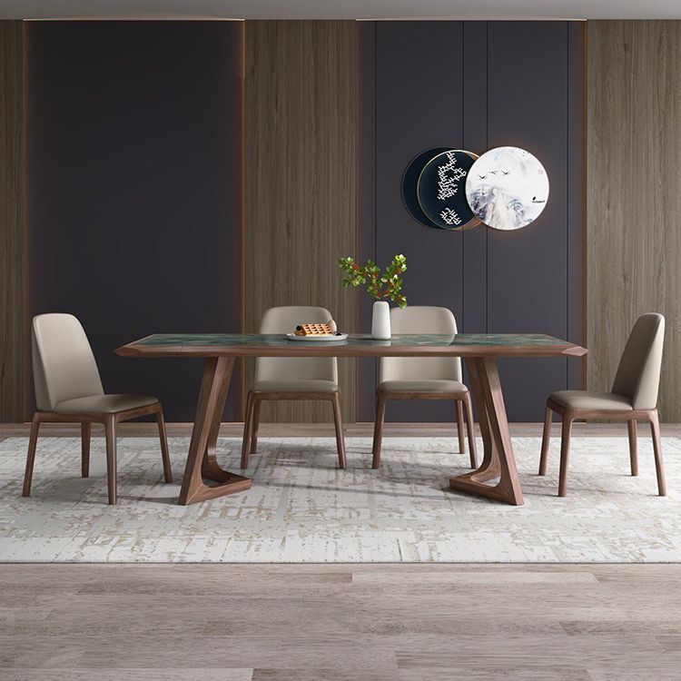 Brown Finish Legs Dining Site Table Modern Stone Top Rectangle Counter Dining Table