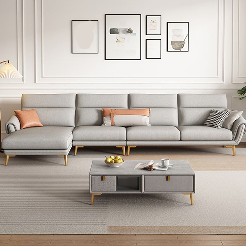 Mid Century Sofa and Chaise in Gray Flared Arm Sewn Pillow Back Sofa