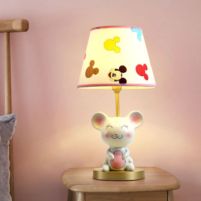 Kids Smiling Mouse Night Lamp Resin 1 Bulb Child Room Table Light with Fabric Shade in Pink/Blue