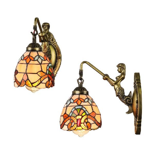 1 Light Bell Wall Lighting Victorian Tiffany Stained Glass Sconce Lighting with Mermaid