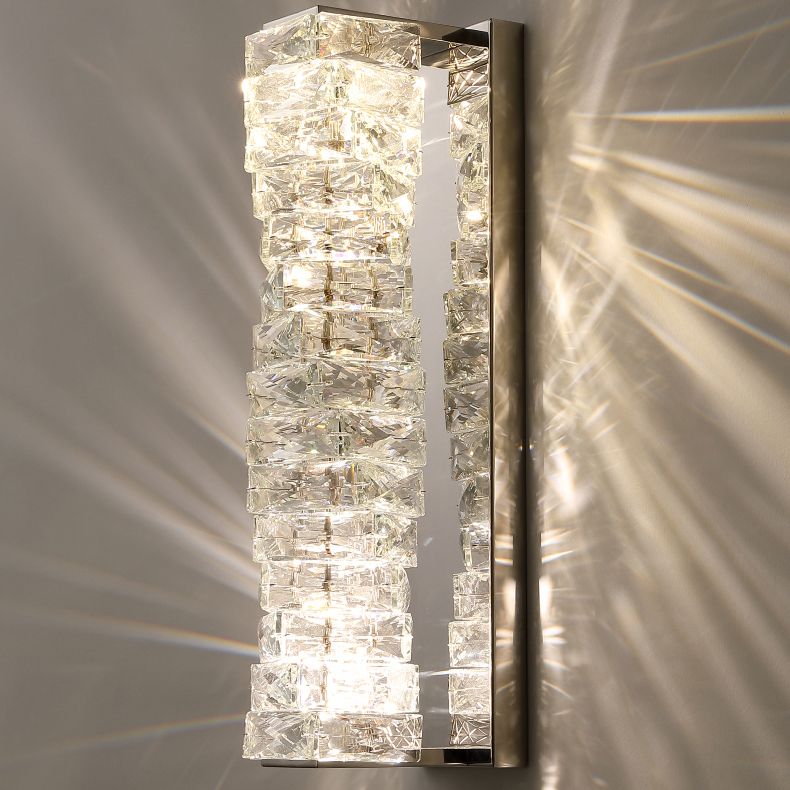 Silver Rectangular LED Wall Sconce in Modern Artistic Style Metal Wall Lamp with Crystal Shade