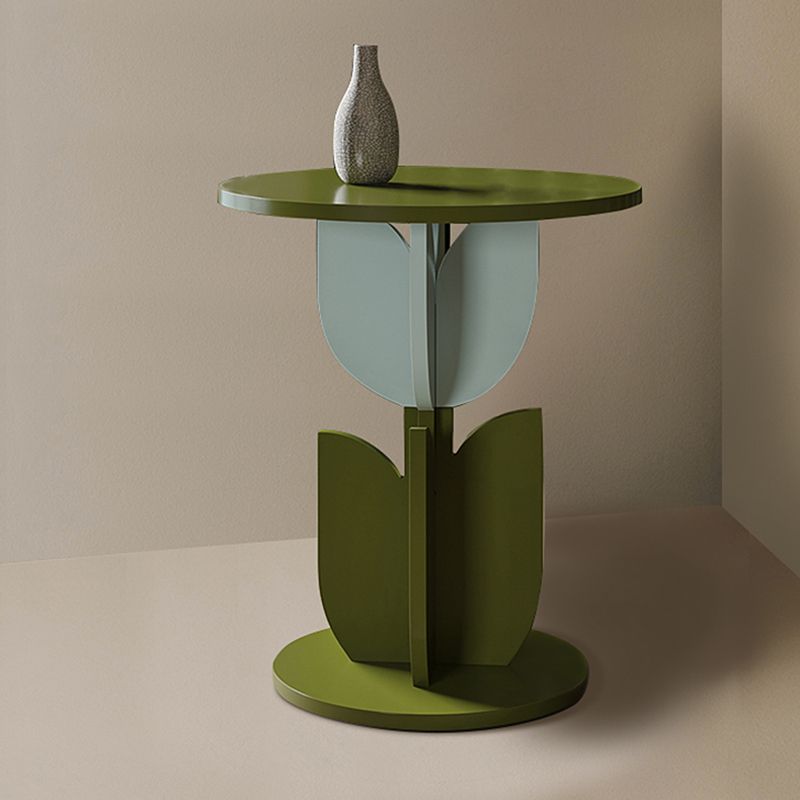 Scandinavian Wood/Glass Top End Table Dia 15.75" Tulip Shape Side Table in Green