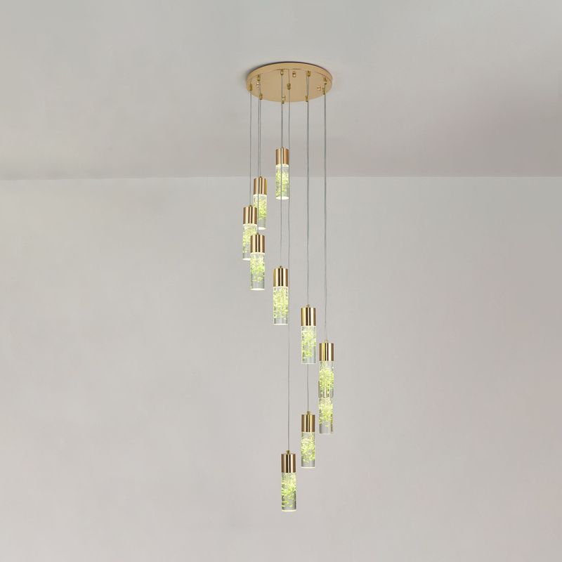 10-Light Spiral Cluster Tube Pendant Modern Novelty Gold Acrylic Hanging Light Fixture
