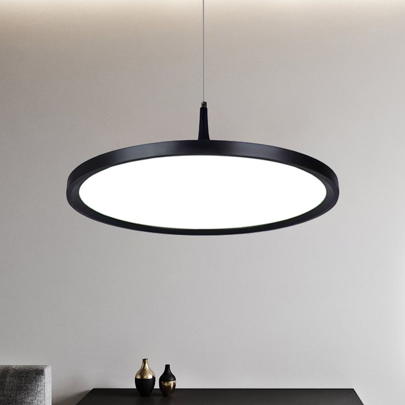 Led Office Pendant Lamp with Plate Metal Shade Simplicity White/Black Ceiling Light Fixture in White/Warm Light, 12"/16"/19.5" Wide