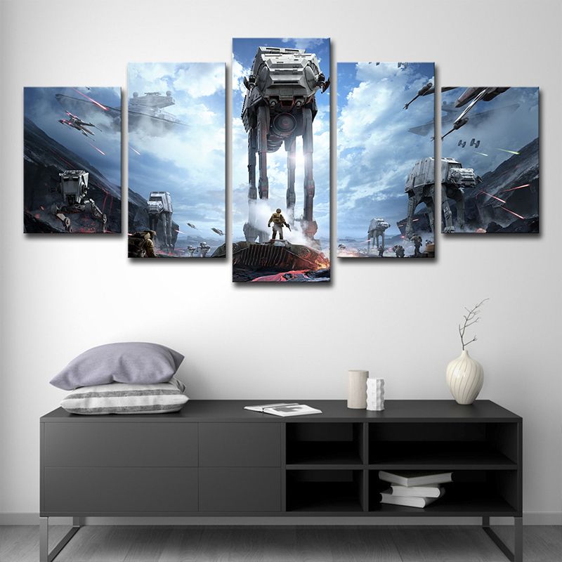 Fictional Space War Scene Art Print Blue Multi-Piece Wall Decor for Sitting Room