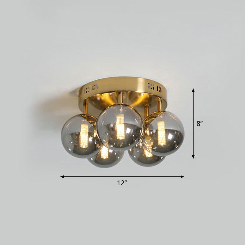 Kugel Rauchgrau -Glas Deckenlampe postmoderne 5 Lichter Gold Finish Halbflush Leuchte