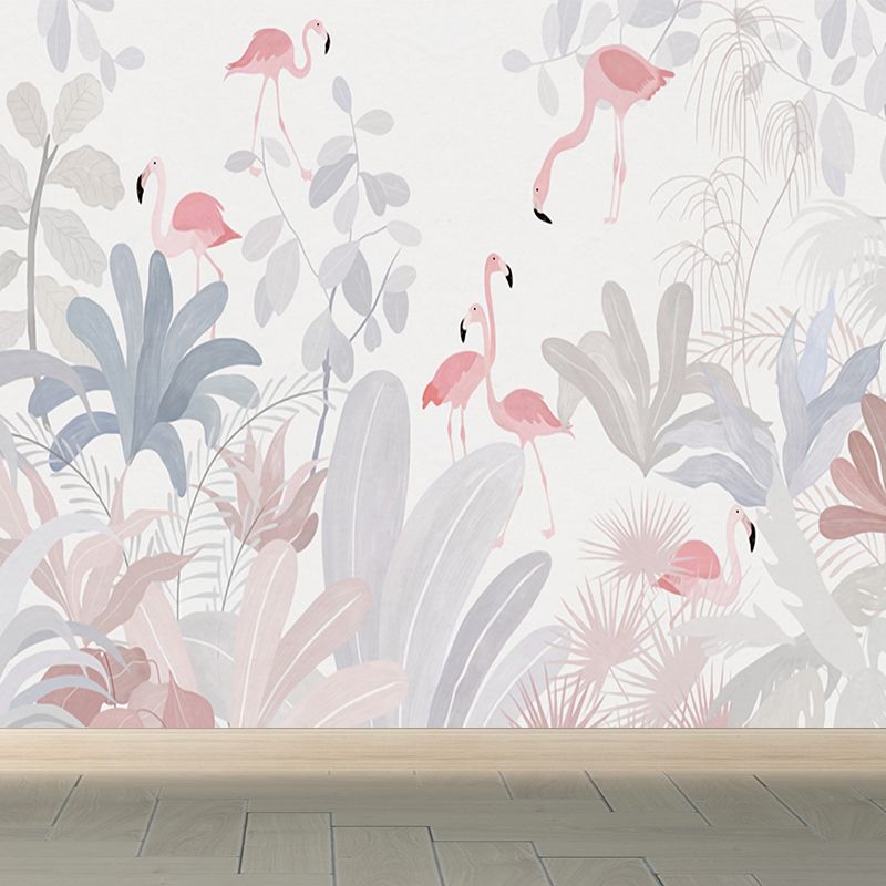 Illustration Style Flamingos Mural Decal for Guest Room, Pink, Custom Size Available