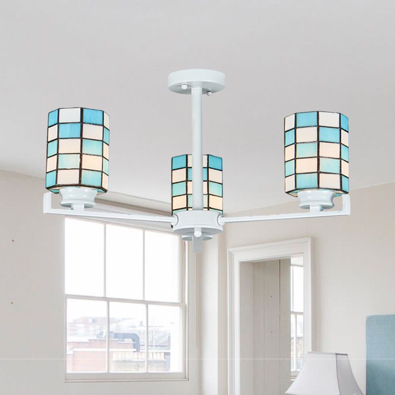 Stained Glass Black/White Semi Mount Lighting Cylinder 3/6/8 Lights Baroque Ceiling Mounted Light