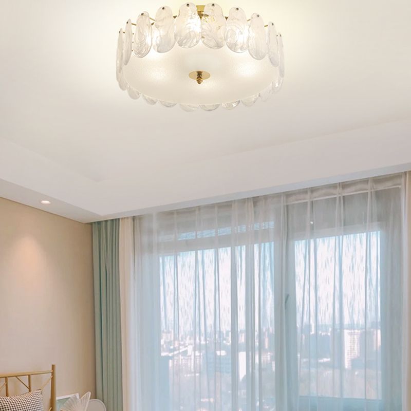 Gold Metal Semi Flush Mount Light Fixture Traditional Drum Bedroom Semi Flush Lamps with Glass Shade