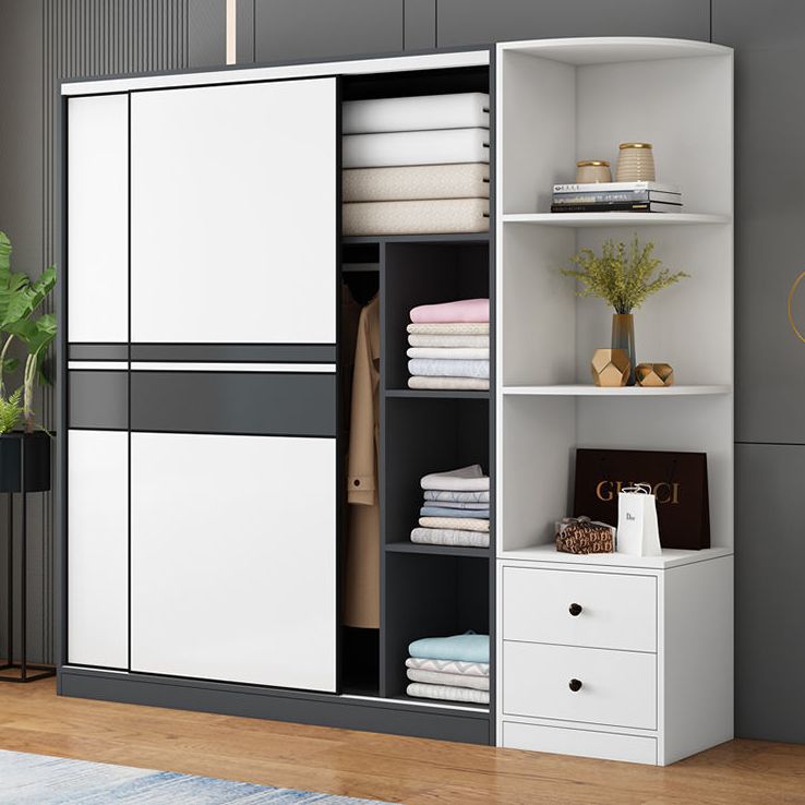 Contemporary Style Wooden Wardrobe White Colour Cloth Rod Included Wardrobe Closet