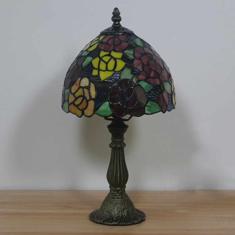 Bronze 1 Head Night Table Light Tiffany Style Cut Glass Yellow/Orange/Purple Rose Patterned Desk Lighting with Dome Shade