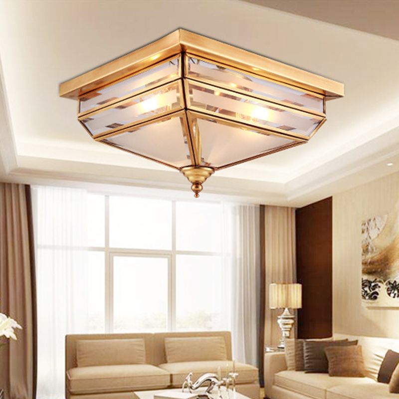11.5"/16" W Brass 3 Lights Flush Ceiling Lamp Traditional Beveled Glass Square Flush Mount Lighting