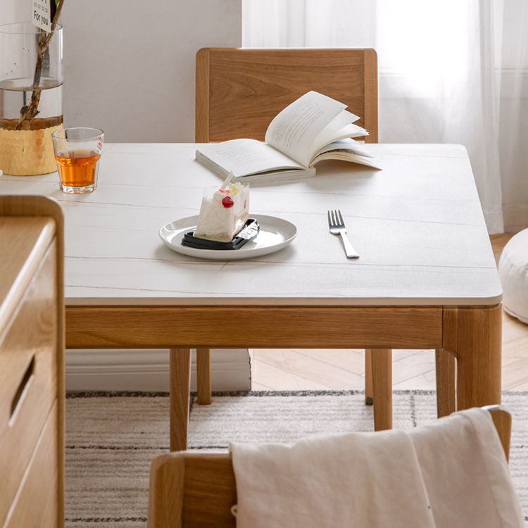 Modern Square White Stone Tabletop Dining Table with 4 Oak Legs