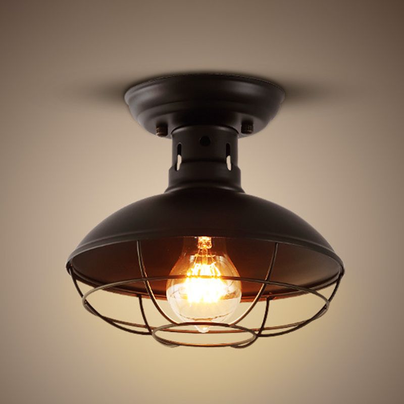 Wire Cage Ceiling Mounted Fixture Retro Style Black Metal Semi Flush Mount Light