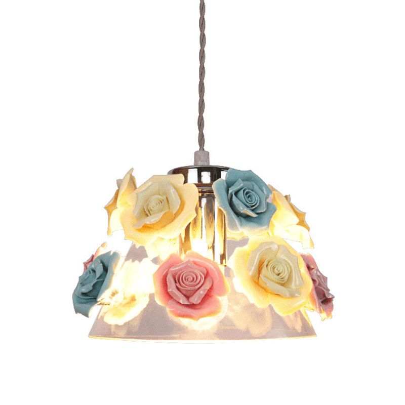 Transparant glas conische hangende lamp Modernistisch 1-licht plafond hanglamp met blauw-roze gele bloemdecor