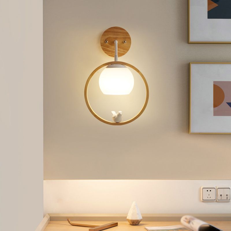 White Globe Shaded Wall Light Contemporary Wood Lighting for Foyer
