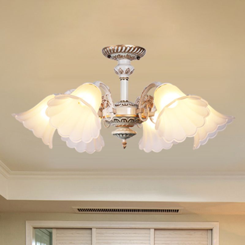 White Glass Floral Semi Flush Traditional Bedroom Ceiling Mount Chandelier with Scalloped Edge