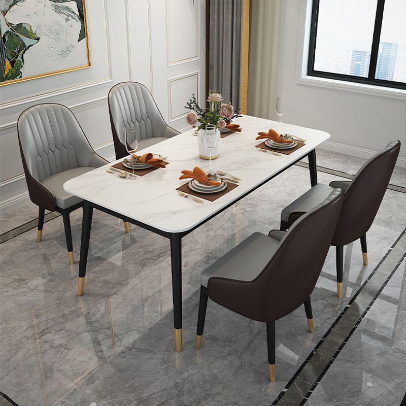 Stone Top Dining Table Contemporary Rectangle Table with 4 Black Legs