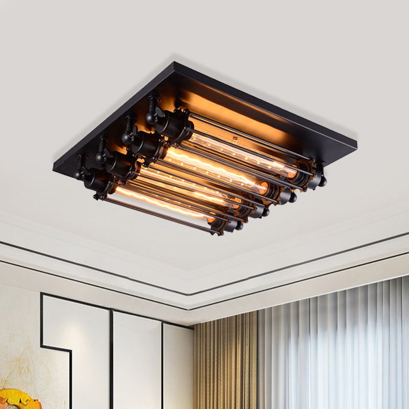 4-Head Clear Tube Glass Flush Mount Lamp Industrial Black Square Corridor Flush Mount Ceiling Fixture