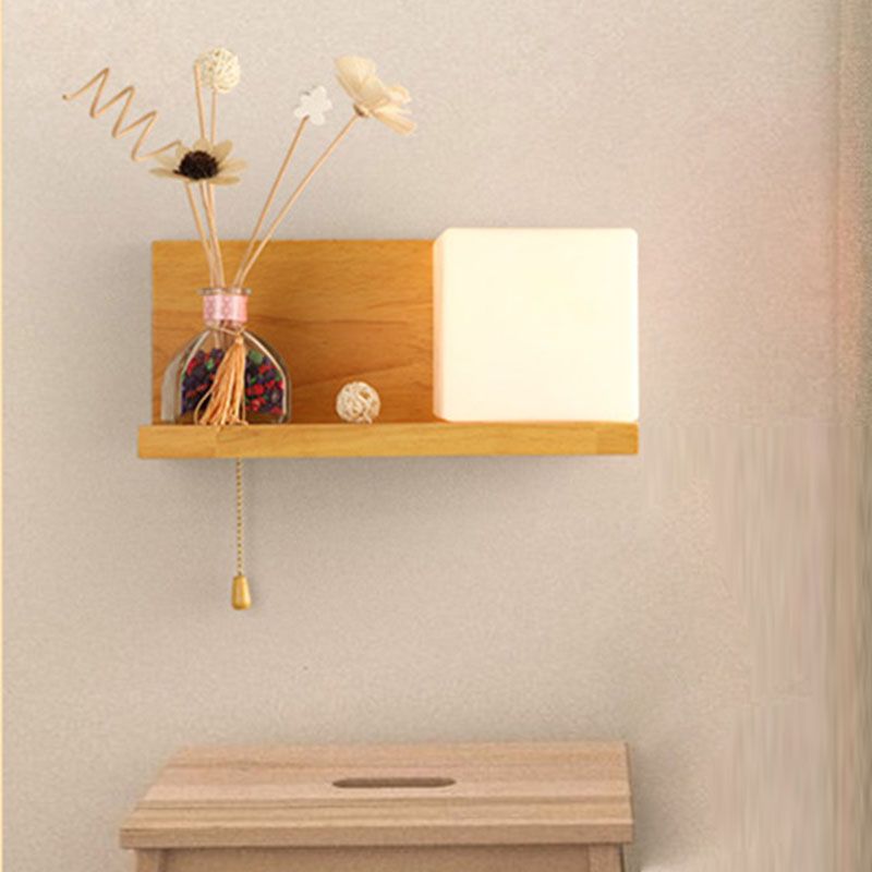 Luz de apliques de pared de madera simple 1 luz con luz de pared de sombra de vidrio para el dormitorio (sin decoración)