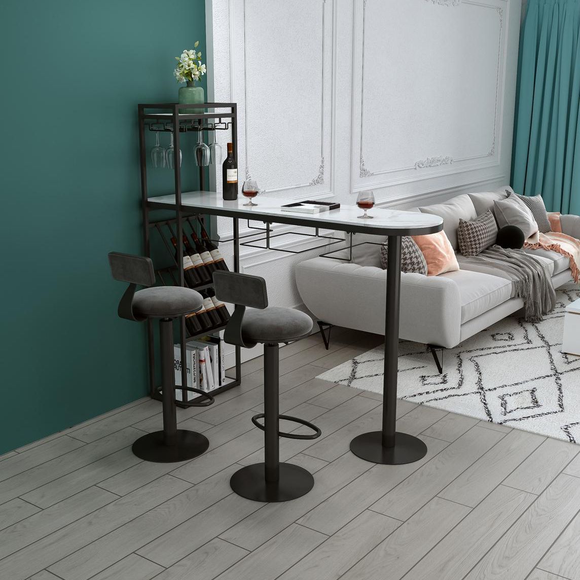 Tableau de bar en fer de style glam 41.3 "H Table bistrot à haut blanc en marbre Haule avec casier à vin