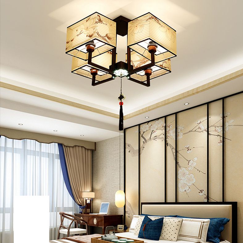 Braune Halbflush -Mount -Lampe Traditioneller Stil Schmiedeeisen Deckenleuchte mit quadratischem Stoff Schatten