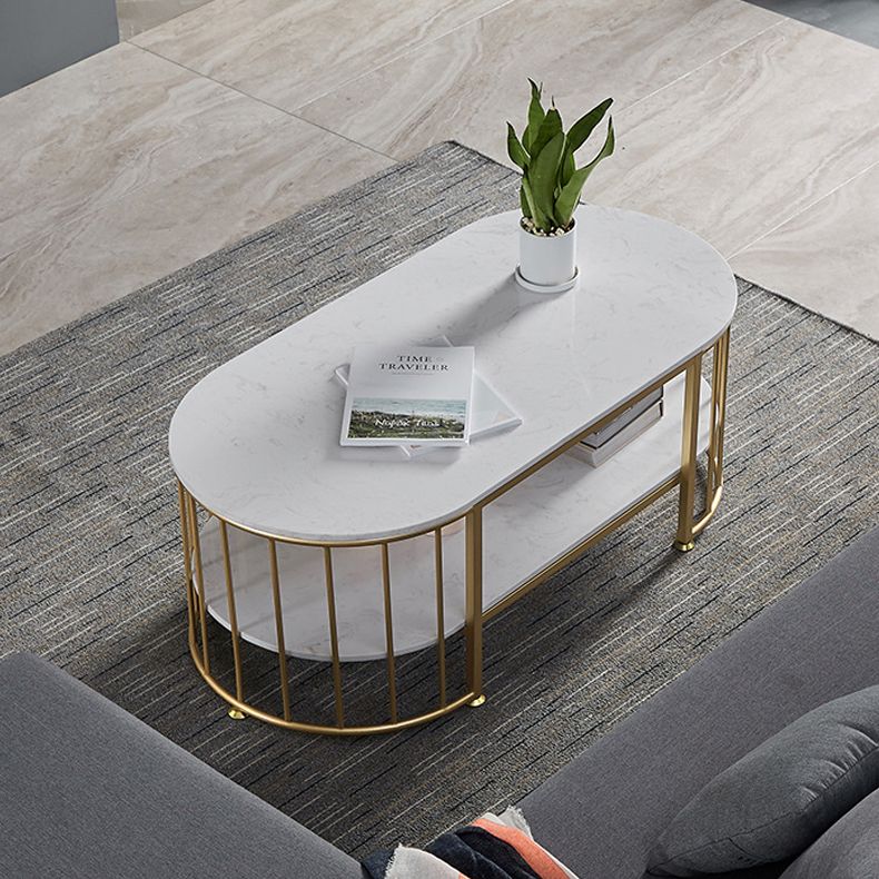 Glam Style Oval Coffee Table with Marble Top and 1 Shelf in White