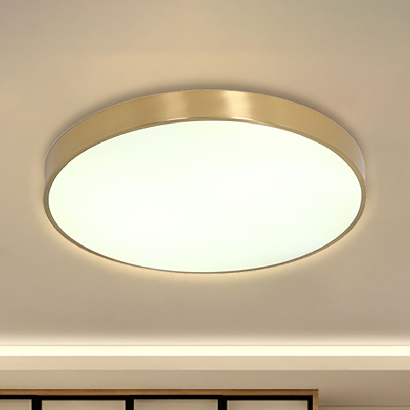 12"/16"/19.5" Dia Ultra Thin Drum Ceiling Flush Modern Brass LED Bedroom Flush Mount Light with Acrylic Diffuser in Warm/White