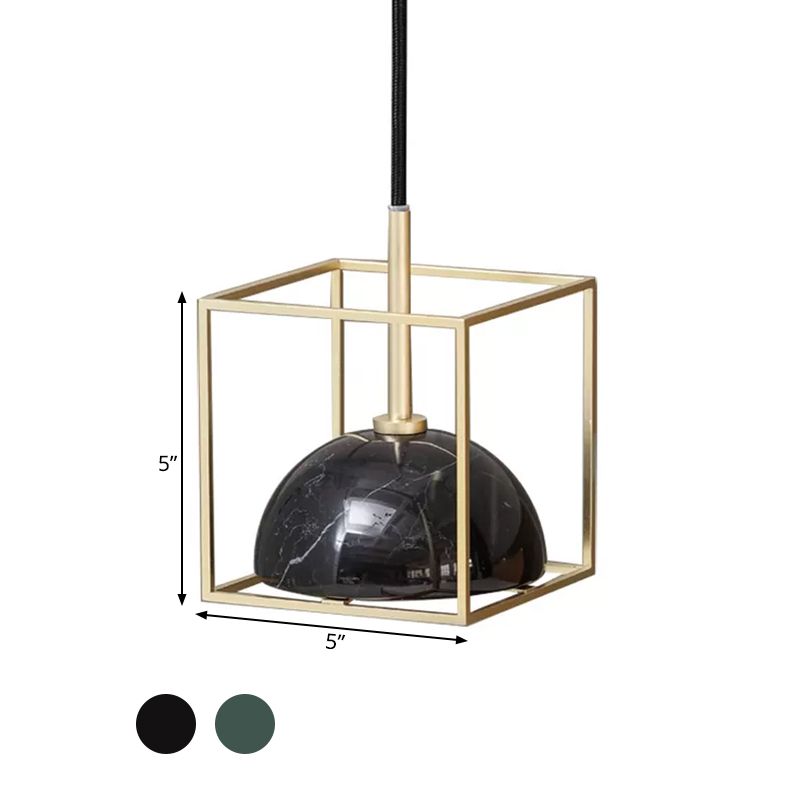 Marble Small Dome Hanging Light Kit Mid Century 1 Head Black/Green Ceiling Pendant with Gold Cubic Wire Cage Guard