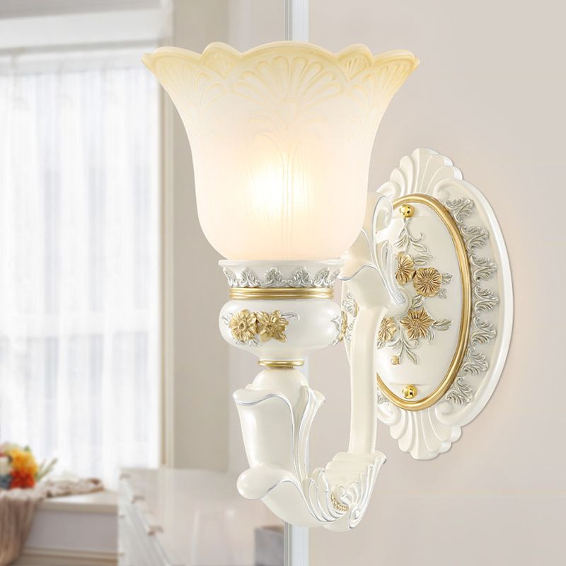 Rustic Blossom Shape Wall Mount Light Single Bulb Frosted Glass Wall Sconce with Carving Design in White