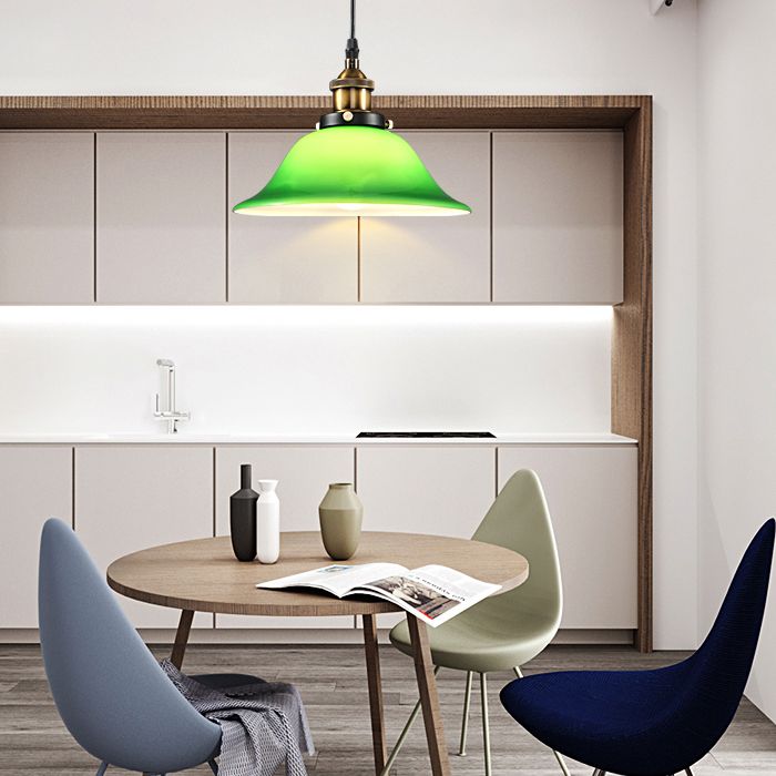 Green 1 Light Bell Pendant Lamp Vintage Industrial Glass Hanging Lamp for Living Room