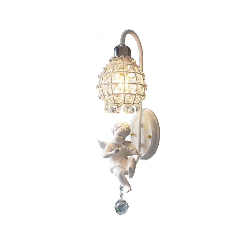 1 Light Wall Sconce Light with Globe Crystal and Angel Decoration Simple Corridor Wall Mount Light in White