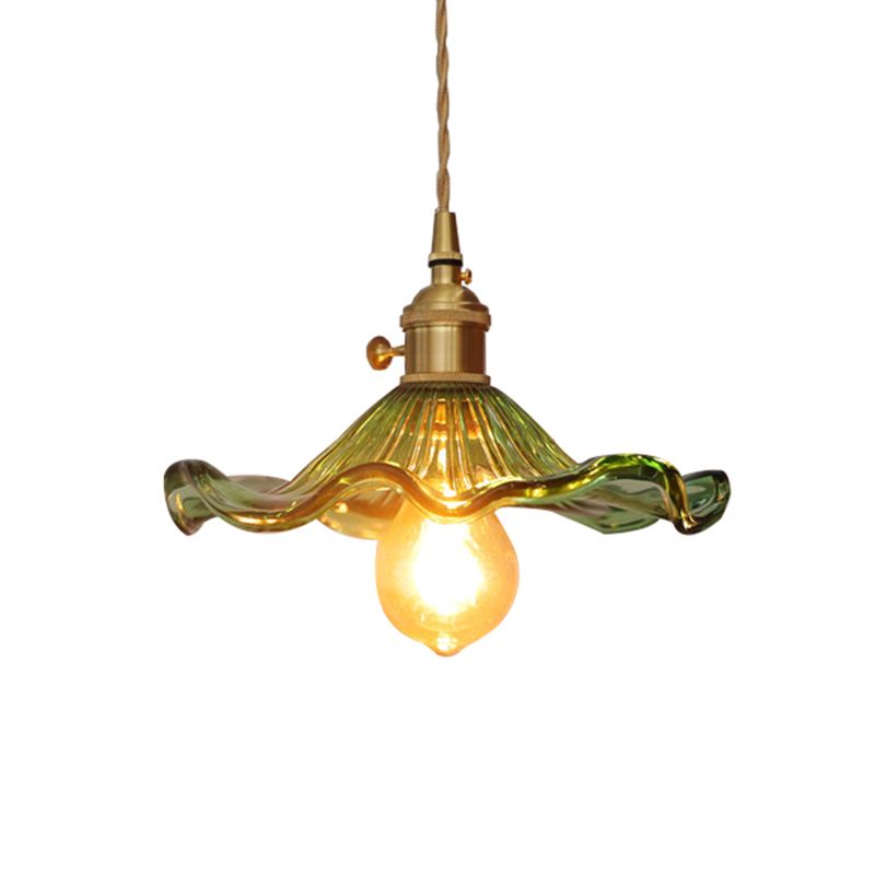 Luce a sospensione in vetro verde a foglia di loto vintage a 1 luccio di luce del soffitto a sospensione a 1 luci