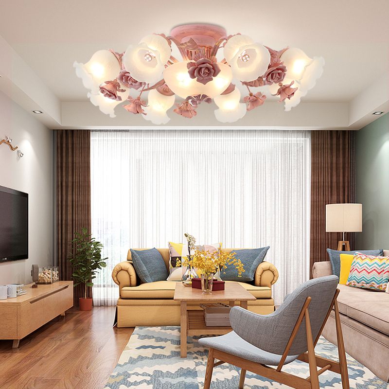 Korean Garden Flower Semi Flush Mount Frost Glass Ceiling Mounted Light for Bedroom