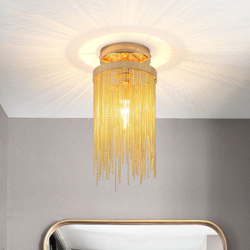 Cylinder Semi Flush Mount Light Modern Crystal Strand 1 Light Blue/Green/Chrome Ceiling Light