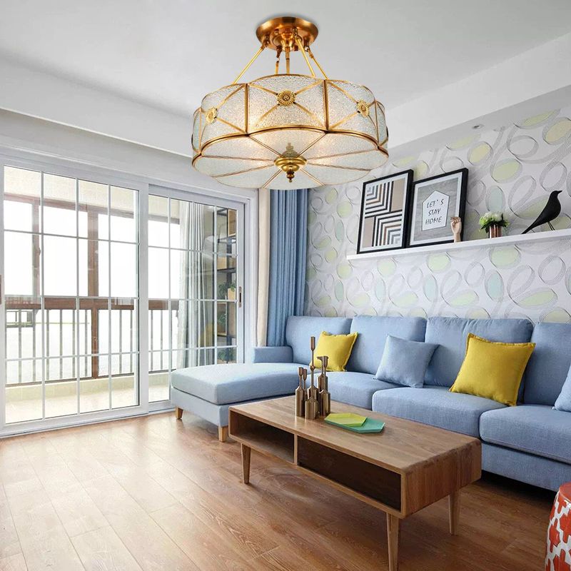 3/4/6 Bulbs Scalloped Ceiling Flush Mount Colonial Brass Seedy Glass Semi Mount Lighting for Bedroom, 14"/18"/23.5" W