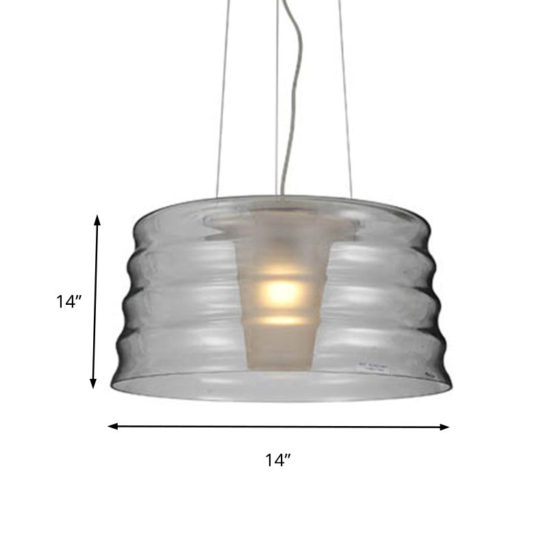 10"/14" Wide Drum Chandelier Pendant Contemporary Clear/Smoky Ruffle Glass 1 Light Led Living Room Hanging Light