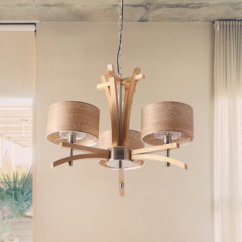 Beige Radial Ceiling Chandelier Modernist 3/6 Lights Wood Suspended Pendant Lamp with Shade