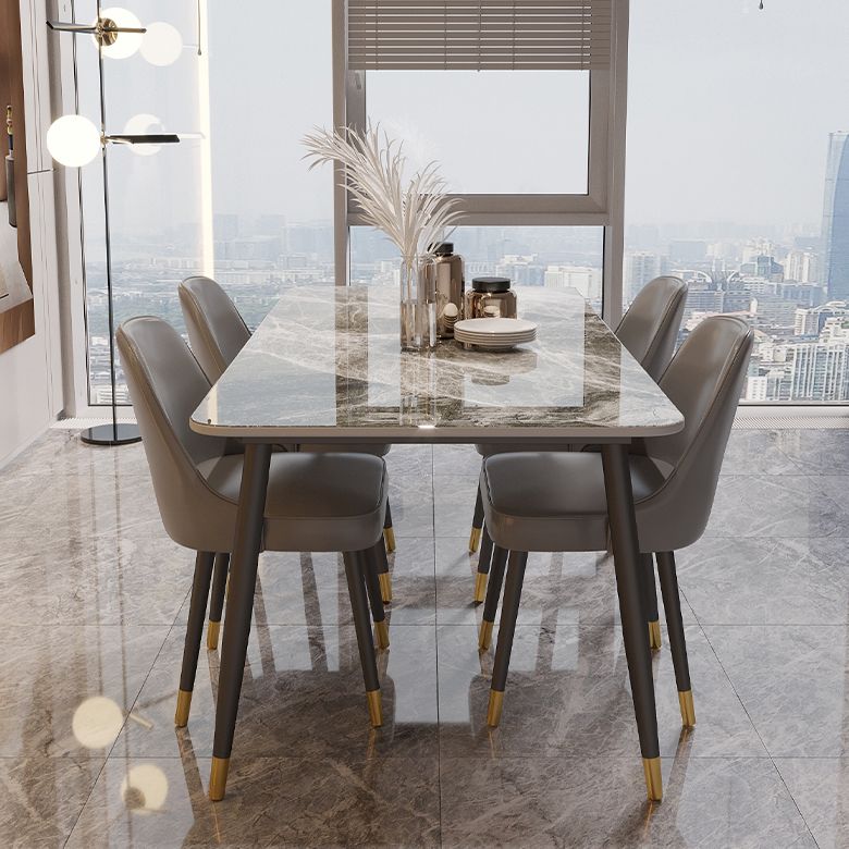 Contemporary Rectangle Stone Table for Restaurant Black Metal Pedestal Dining Table