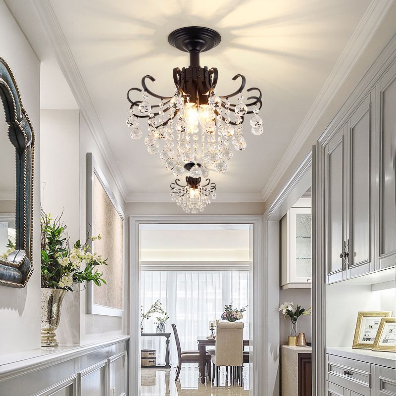 Farmhouse Bent Arm Frame Ceiling Light 3 Lights Metal Semi Flush Mount with Crystal Droplet