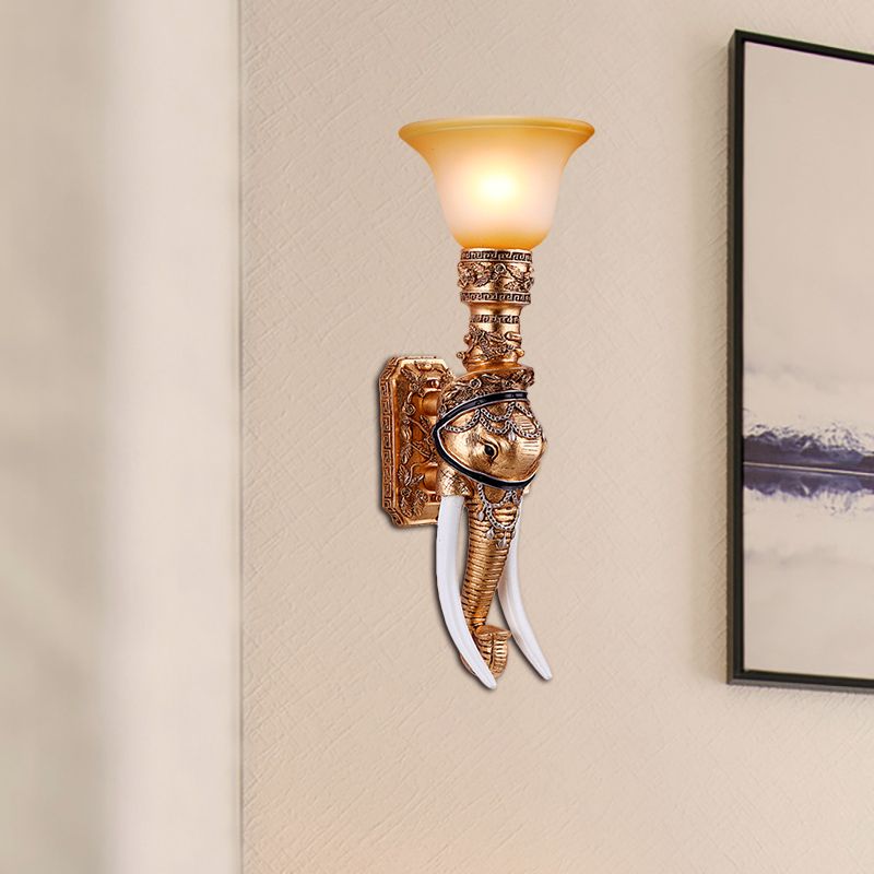 Golden Elephant Sconce Lamp Colonial Style Resin 1 Bulb Corridor Wall Lighting with Amber Glass Bell Shade