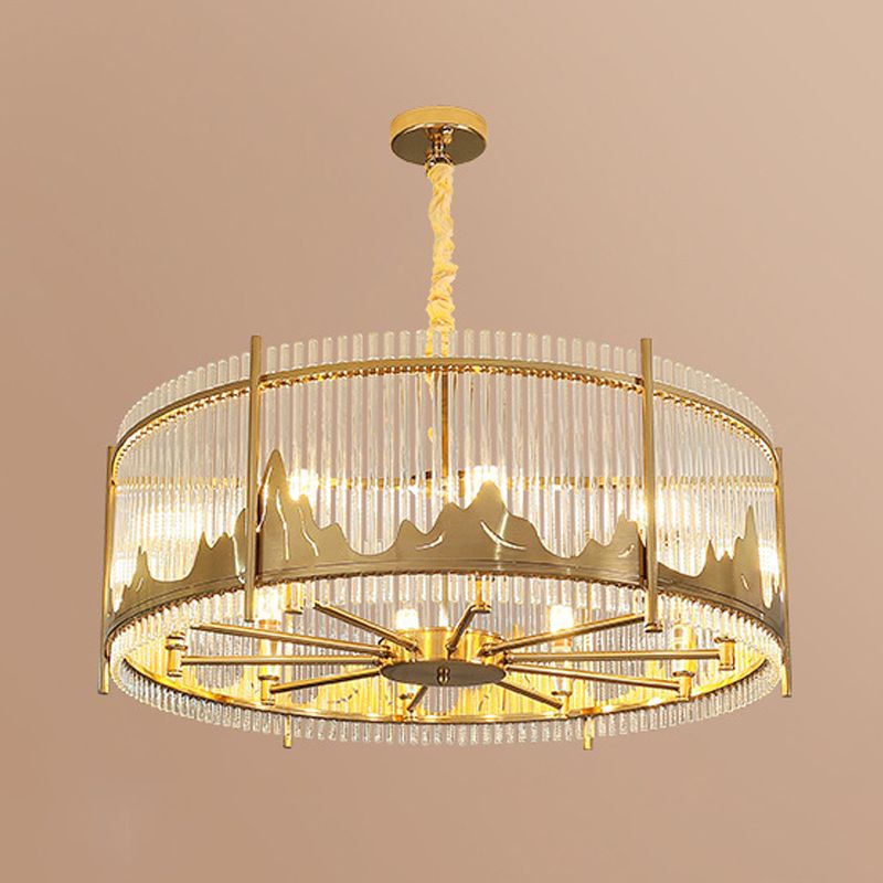 Strip Crystal Gold Affermazione del lampadario Forma del tamburo a 8 luci MODERSTRISTA sospesa con motivo a montagna
