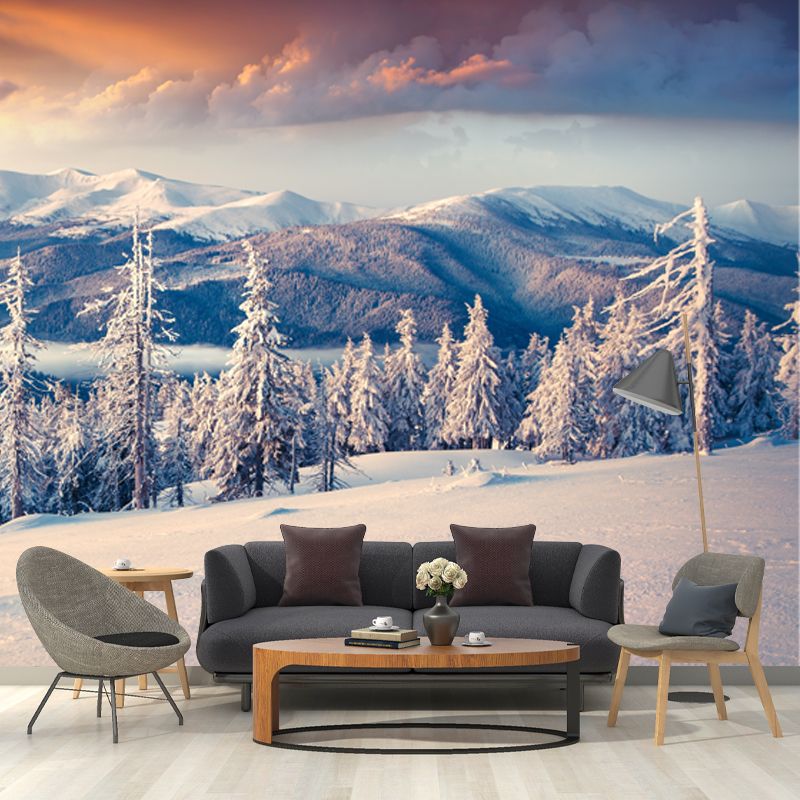 Big Modern Mural Decal White Aerial View of Cypress and Snow Mountain Wall Decor, Custom Printed