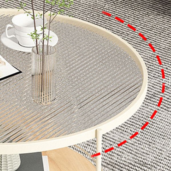 Modern Round Glass Top Cocktail Table with Wooden Shelf and Iron Base